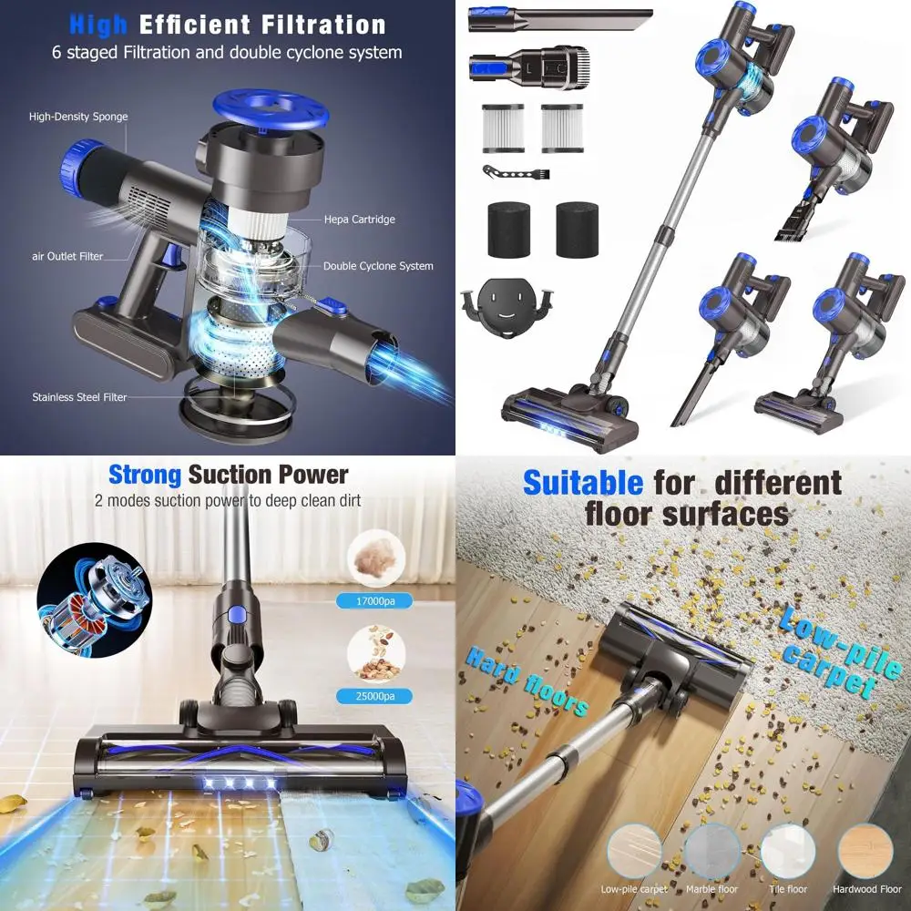 

40Kpa Lightweight 8-in-1 Stick Vacuum Cleaner, Self-Standing, 1.5L Dust Cup, Anti-tangle, Rechargeable for Hard Floors, Carpets,