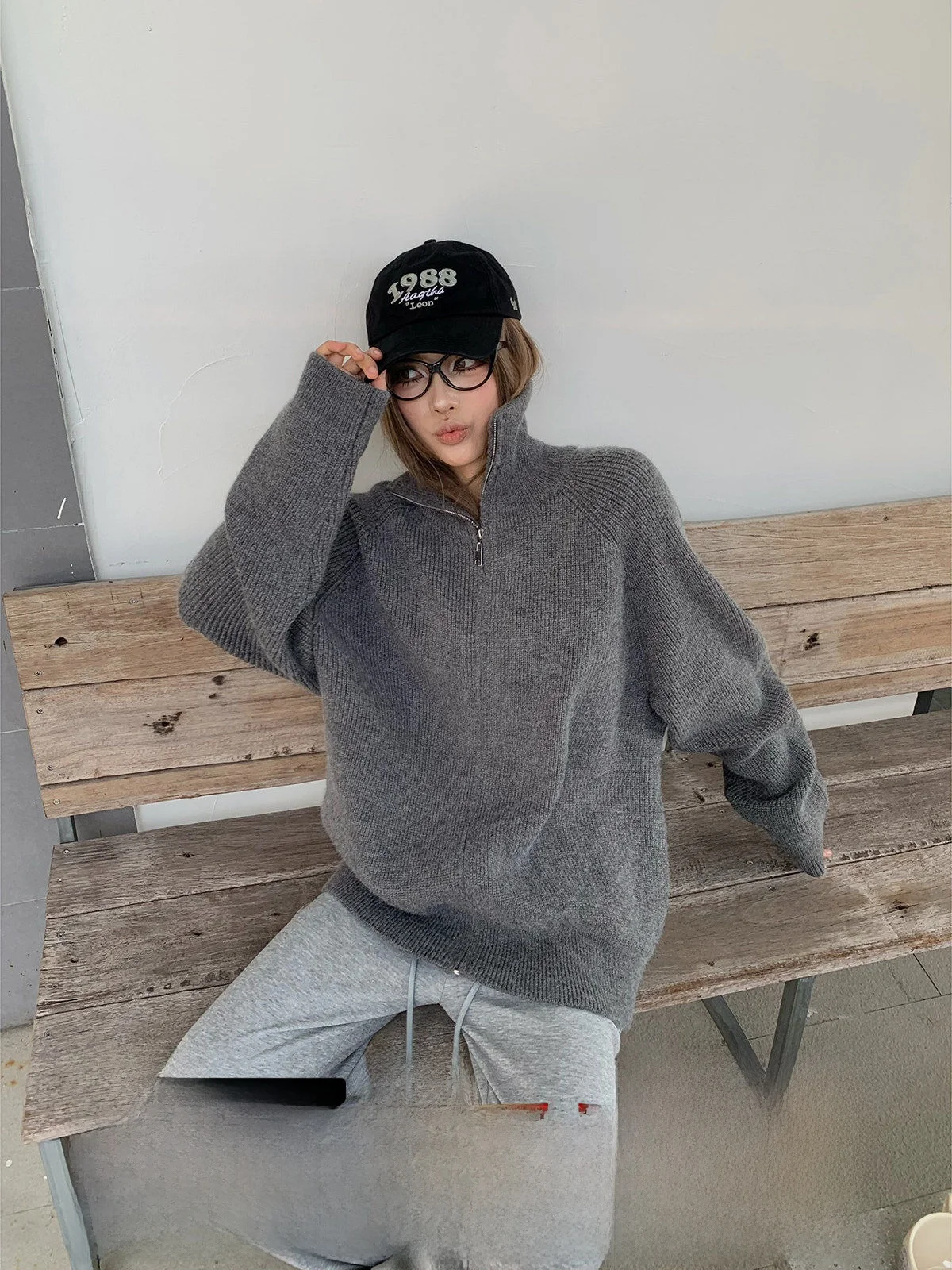 

Женский вязаный кардиган GoGo Burn с двойной молнией и высоким воротником, свободный крой, осенняя новинка, топ-свитшот в стиле lazy top