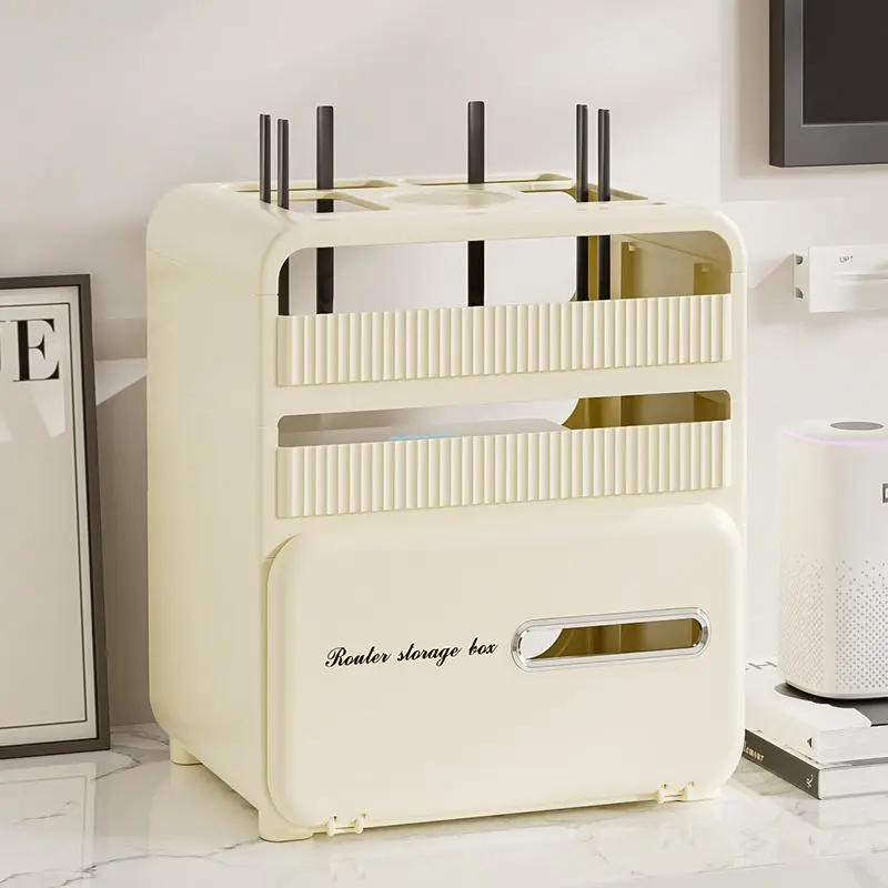 Cream White Plastic Router Storage Box Multi-Layer Wifi Organizer with Heat Dissipation Holes Cable Management Holder for Home view 3