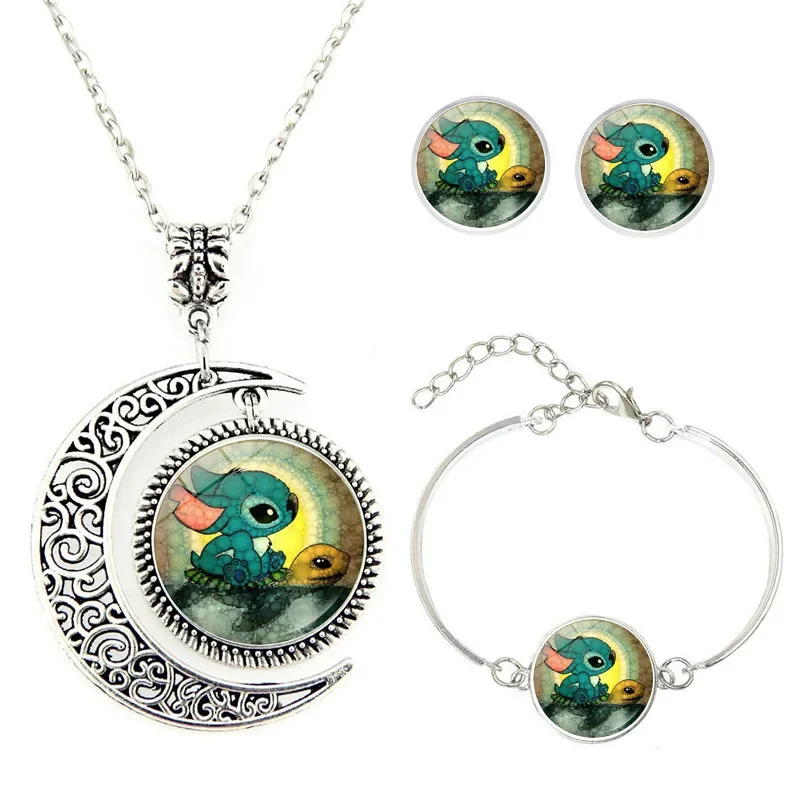 3pcs Disney Lilo and Stitch Cartoon Necklace Time Stone Half Moon Modeling Necklace Earrings Set Anime Stitch Jewelry Bracelet