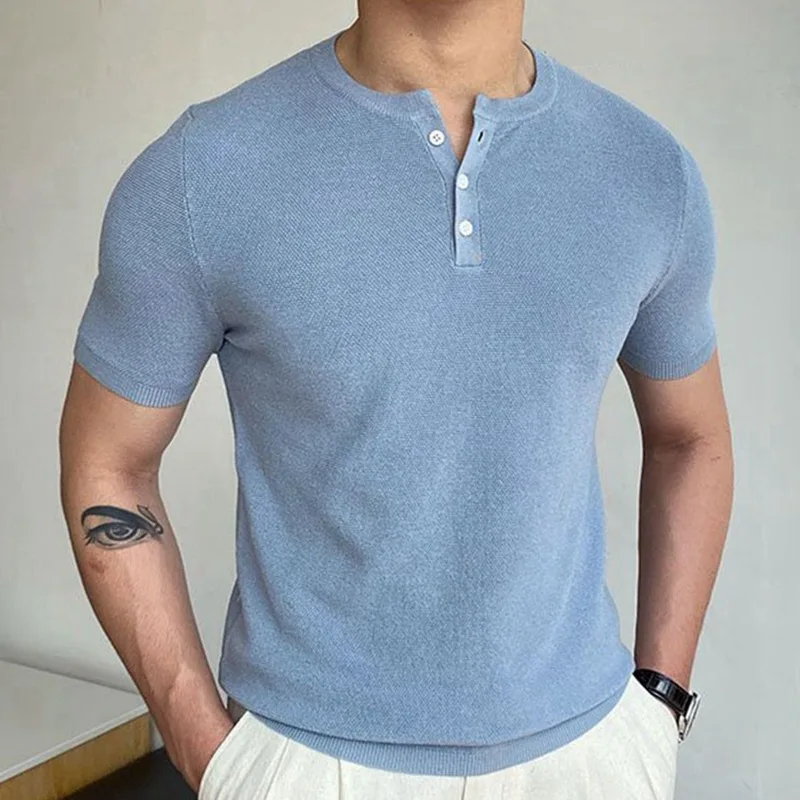 Men’s Solid Color Short Sleeve Top Performance Henley Shirt Casual Round Neck Knitted T-shirts Summer Camisas de Hombre tee 2024