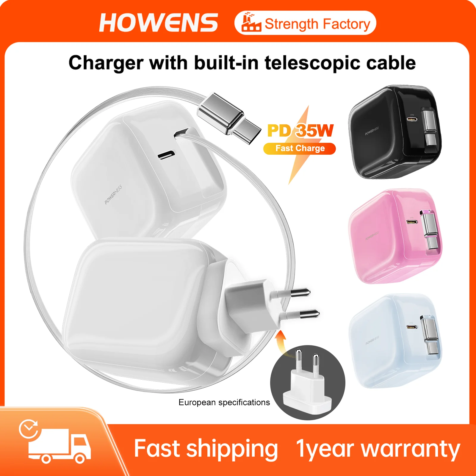 

Планшеты, телефоны и компьютеры с быстрой зарядкой Type-C: со встроенным выдвижным кабелем и мощностью 35 Вт, легко носить с собой