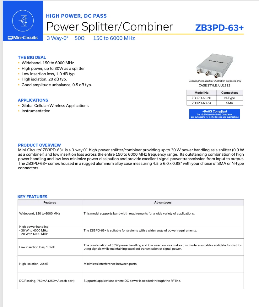 Mini-Circuits ZB3PD-63 ZB3PD-63-S+ ZB3PD-63-N+ 155-6000MHz  ZB3PD-63MP One to three power divider