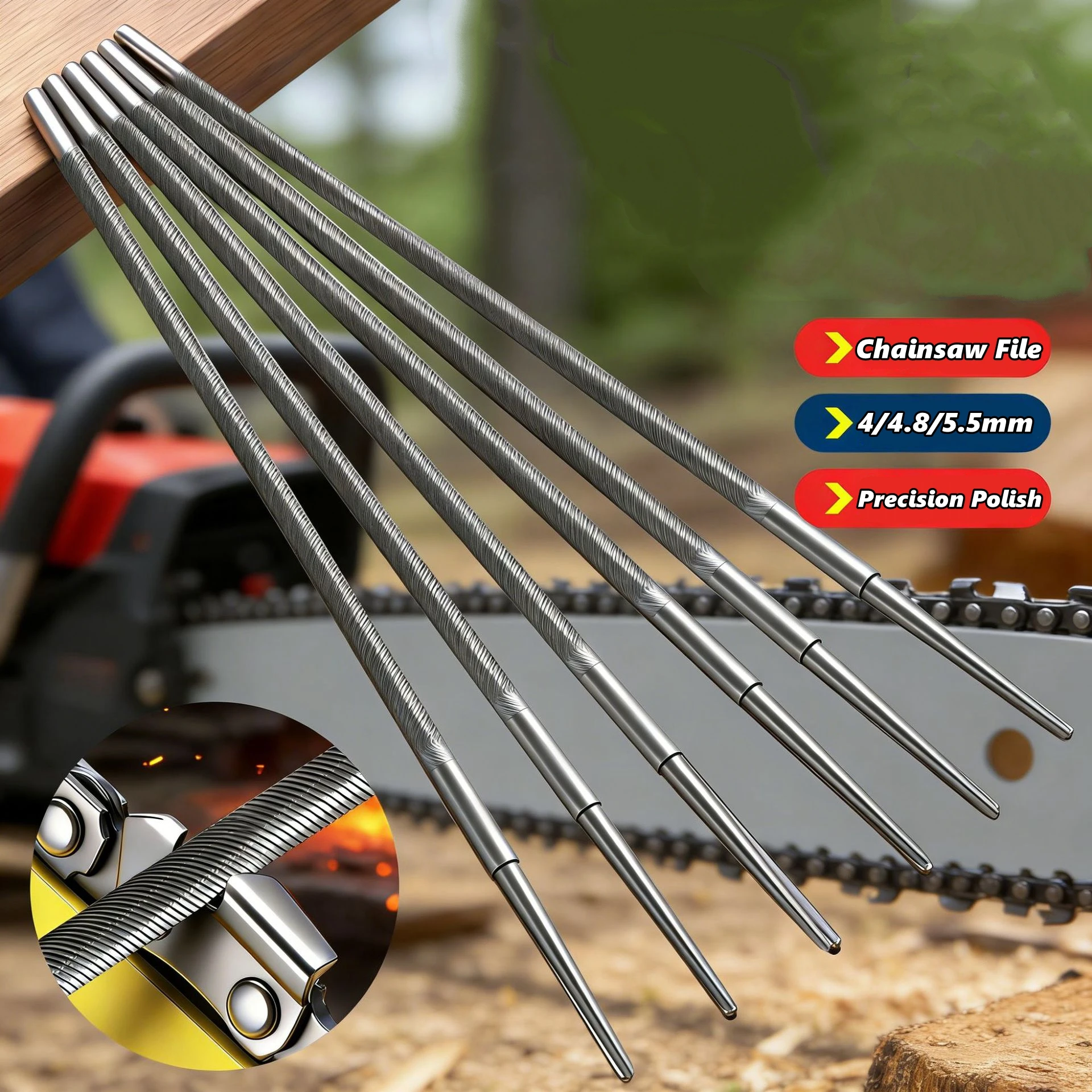 3pcs Chainsaw File Set with Handle 4/4.8/5.5mm Steel Precision Double Cut Teeth for Electric Saw Saw Chain Files Sharpener