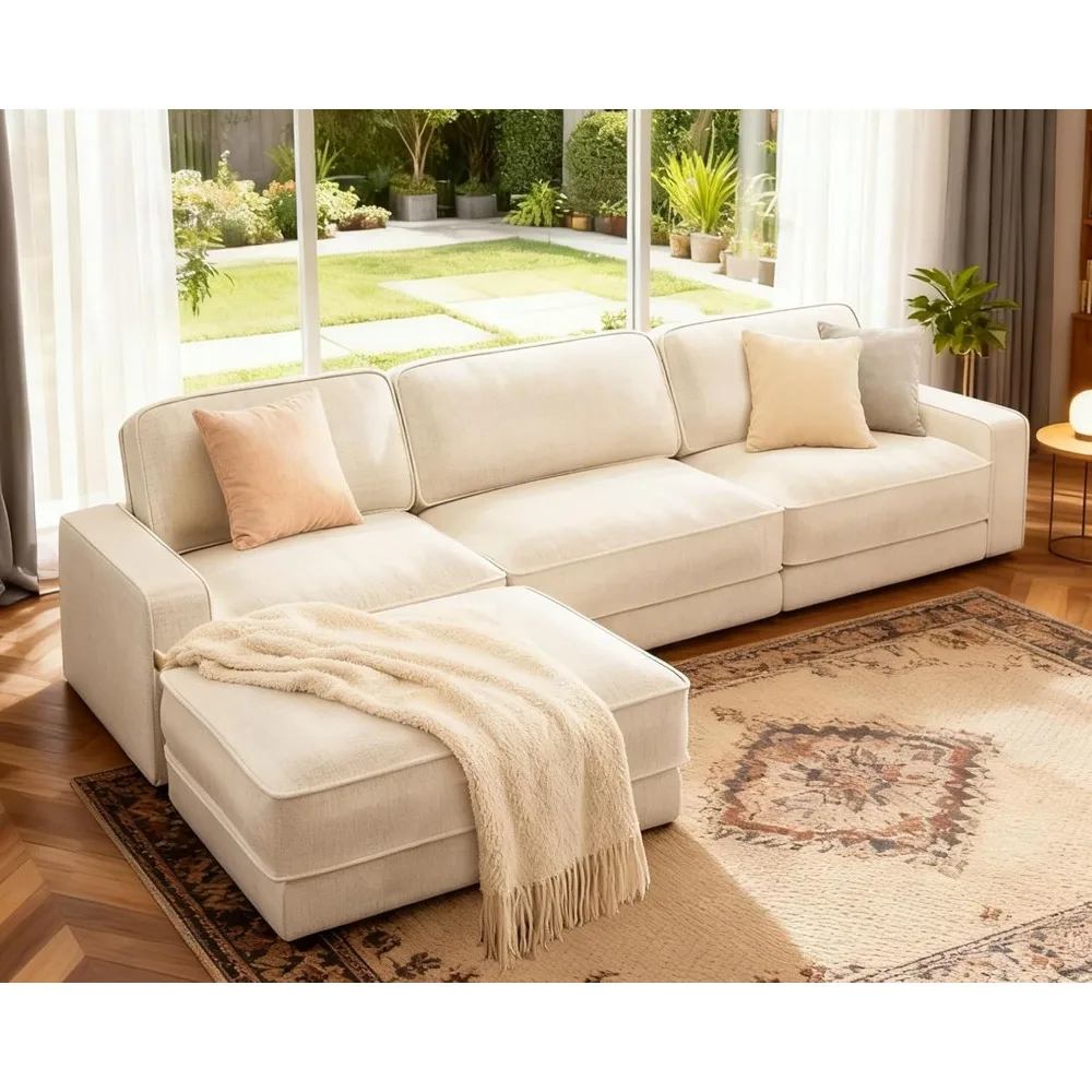 

Модульный секционный диван L-образной формы, большой диван-облако с подвижным пуфиком, 4-местный диван из синели с глубоким сиденьем и