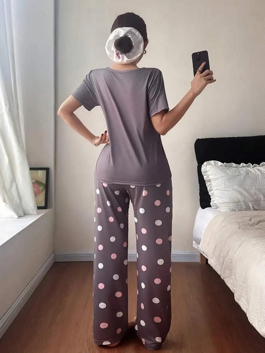 

Oversized Short Sleeve Pajama Set With Polka Dot Print Round Neck Women Sleepwear