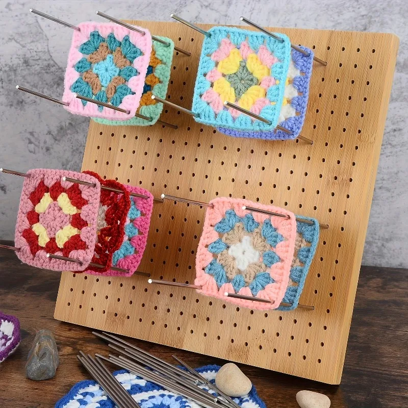 Wooden Crochet Shaping Board, Square Threading Board with Fixed Rod and Needle Pad, Precise Positioning of Yarn view 3