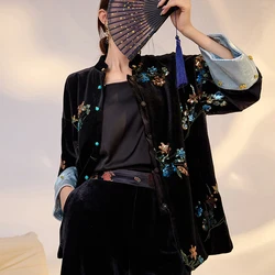 Chinese Traditional National Embroidery Satin Coat Women Flower Sequins High Grade Black Jacquard Tops Embroidered Jacket