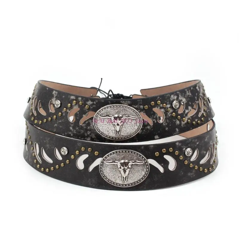 49ME Removable Western Hat Accent with Distressed Texture, Cutout Pattern, Metal Trim, and Adjustable Rear Cord Tie Closure