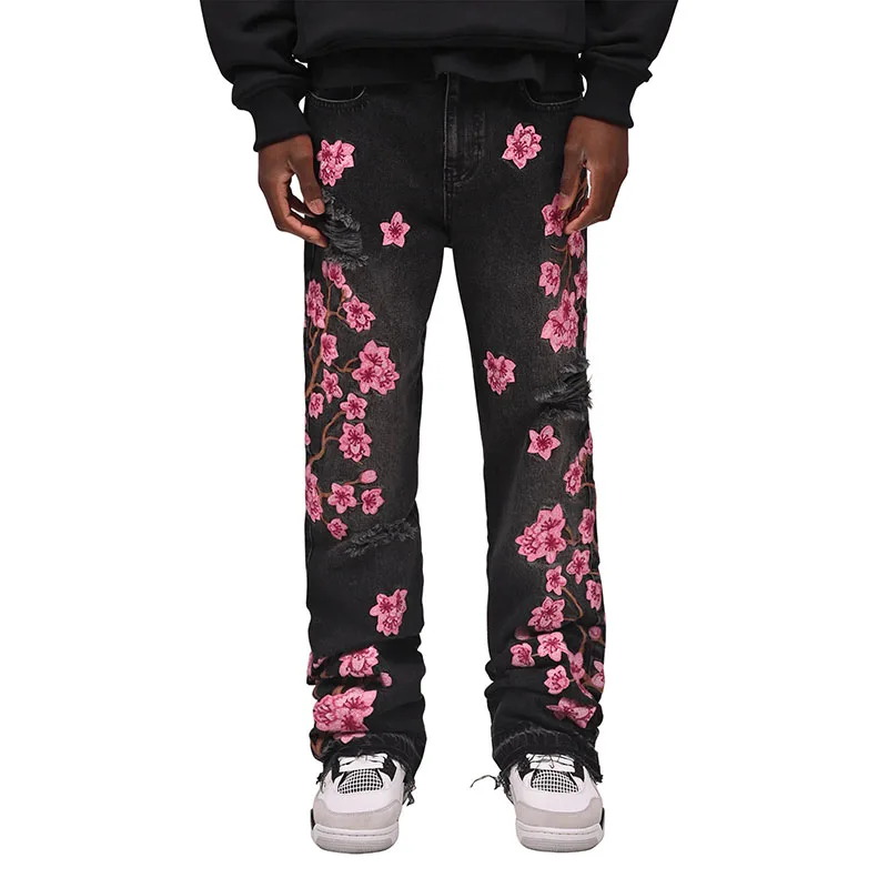 

New Fashion Mens Black Flared Jeans Plum Blossom Embroidery Straight Denim Pants Streetwear High Street Men Bootcut Jeans