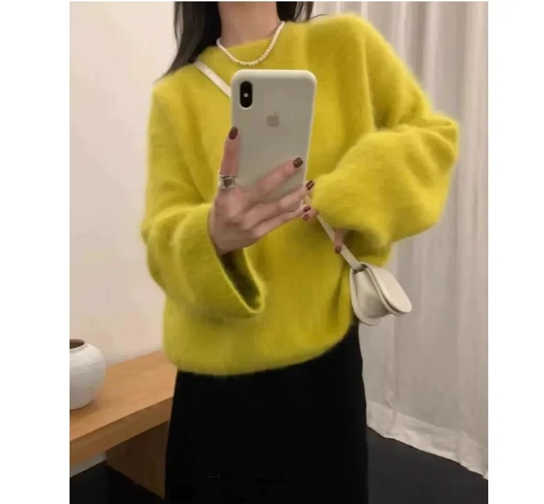 

Свободный крой в корейском стиле, норковый бархатный свитер с капюшоном, всесезонный однотонный вязаный свитер с длинными рукавами и воротником-поло