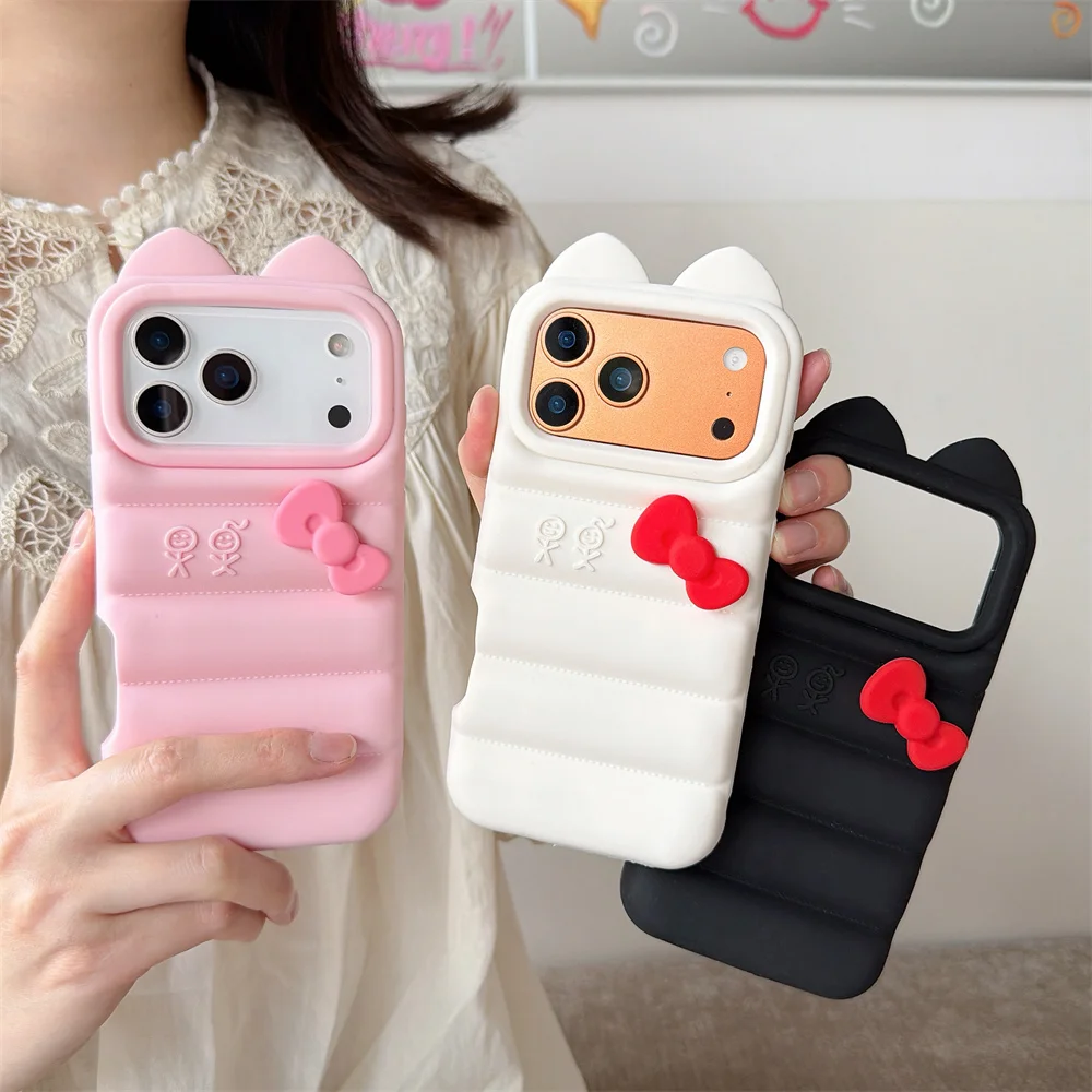 

Korean Ins 3D Cat's Ears Bowknot Cute Phone Case for iPhone 17 Pro Max 16 Pro 15 plus 14 13 17 Funda Cartoon Shockproof Cases