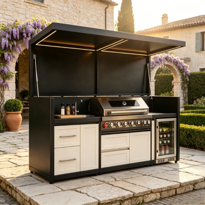 Luxury Outdoor Kitchen Island For Patio With Remote Control Retractable Roof And Stainless Steel 304 Grill Cabinet