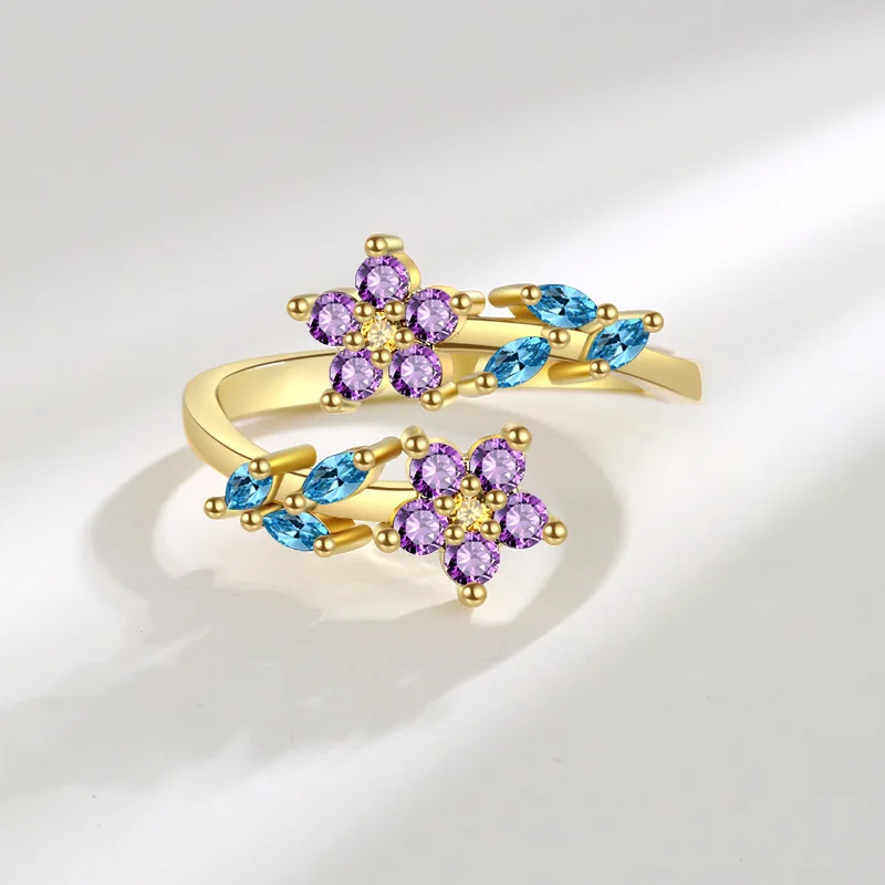 925 Sterling Silver Flower Leaf Rings Women's Fashion Creative Inlaid Zircon Open Finger Ring Jewelry