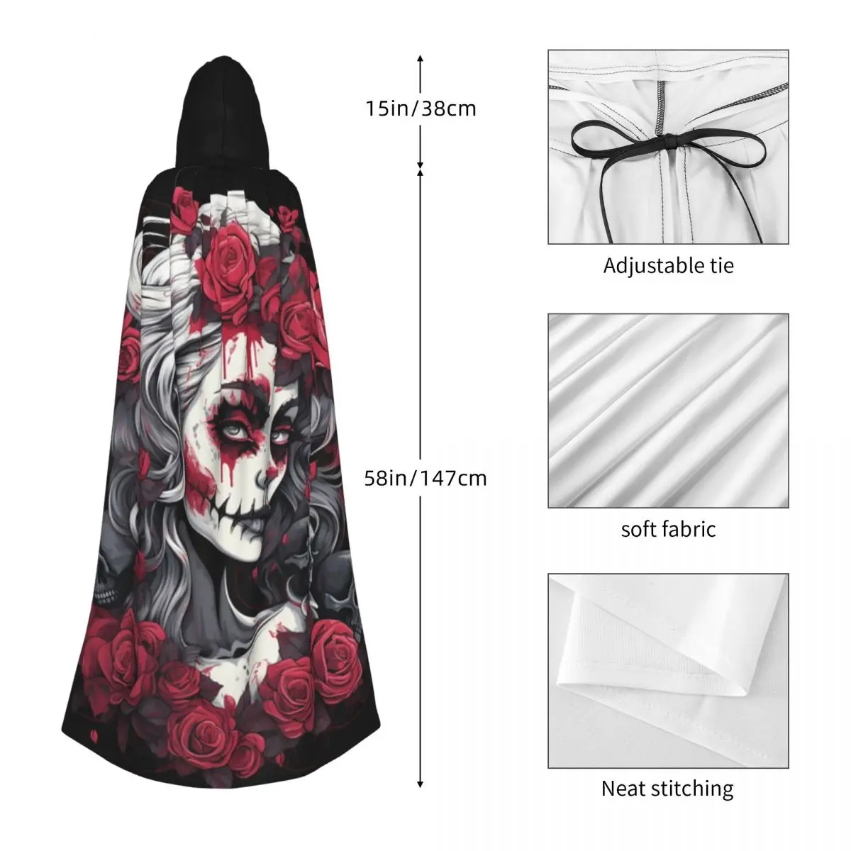 ألكسندر القوطية لاس أنيقة الفتيات يوم الموتى الجمجمة طويلة مقنعين عباءة الساحرة القرون الوسطى زي تأثيري كيب هالوين معطف