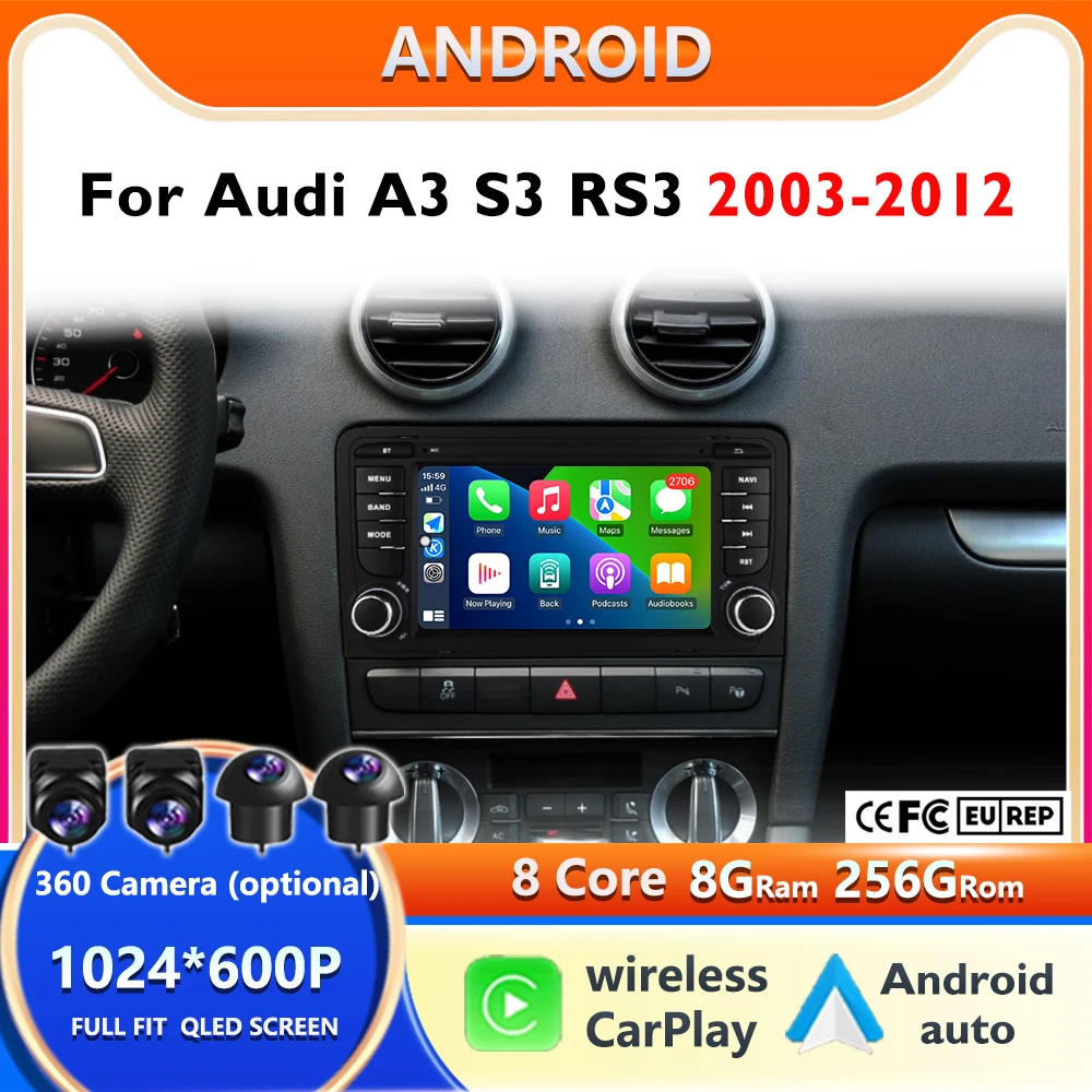 For Audi A3 8P 2003-2011 S3 RS3 Sportback Multimedia GPS Autoradio Player Wireless Carplay Android Auto Car Radio Android 16