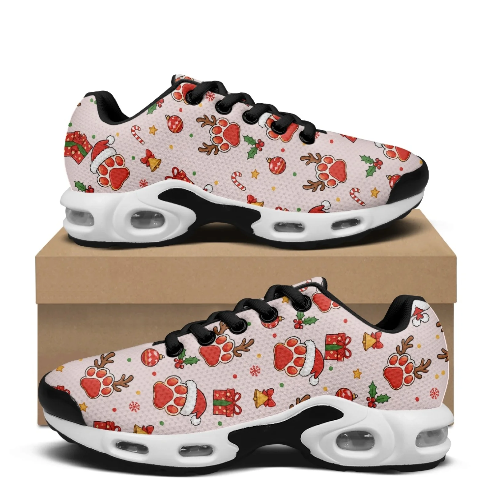 PENSTROLL Christmas Air Cushion Tennis Sneakers Featuring Paw Print, Non Slip Lightweight Mesh Casual Athletic Shoes for Sports