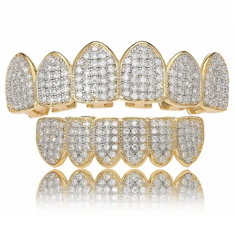 Full Zircon Teeth Grillz Holder Hiphop Jewely Teeth Grills Cap Top Bottom Set 6/6 Tooth for Men Christmas Personality Jewelry