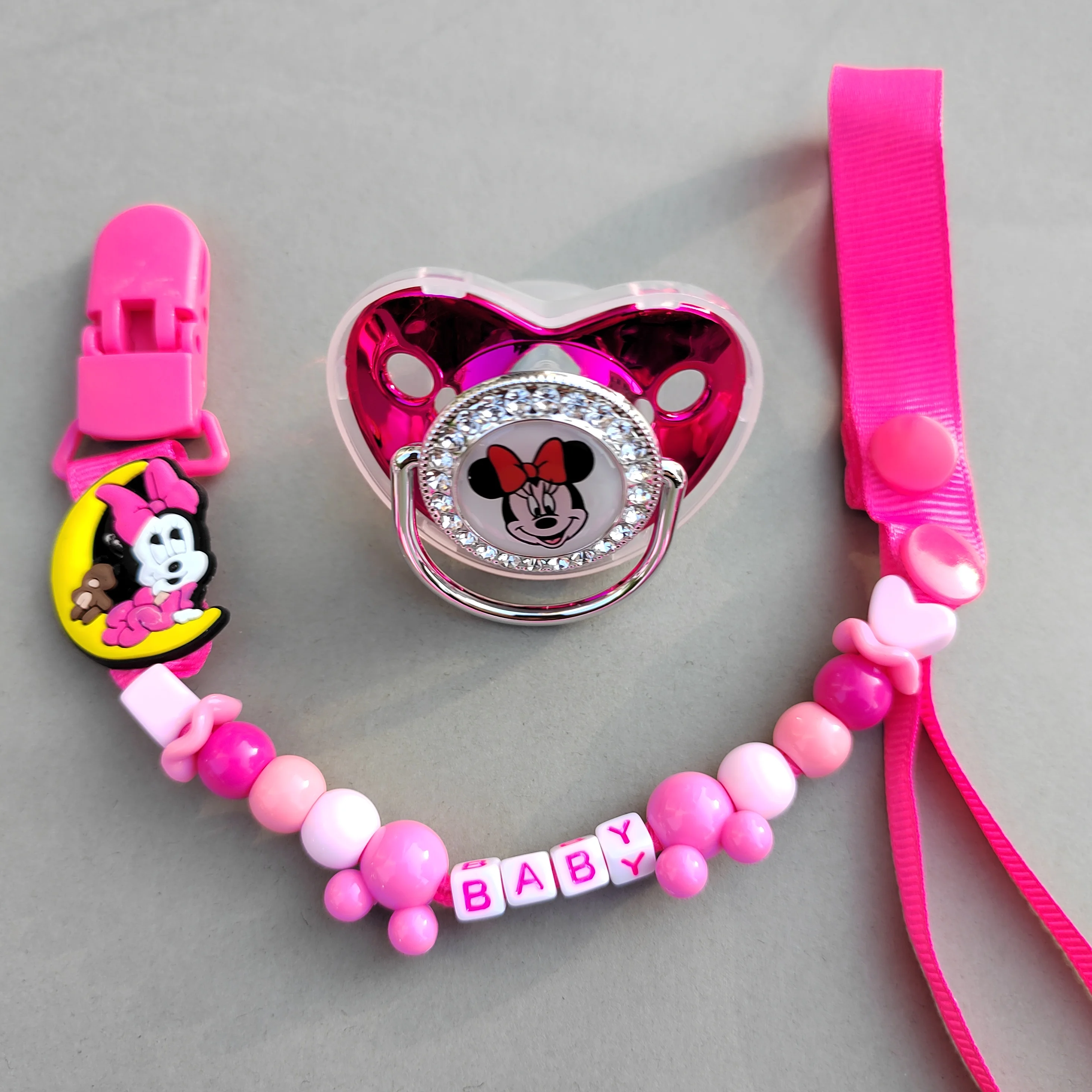 [Baby Bath Gift] Minnie Mouse Pacifier Personalized custom letter stand pink rhinestone Blingbling silicone pacifier0-18 months