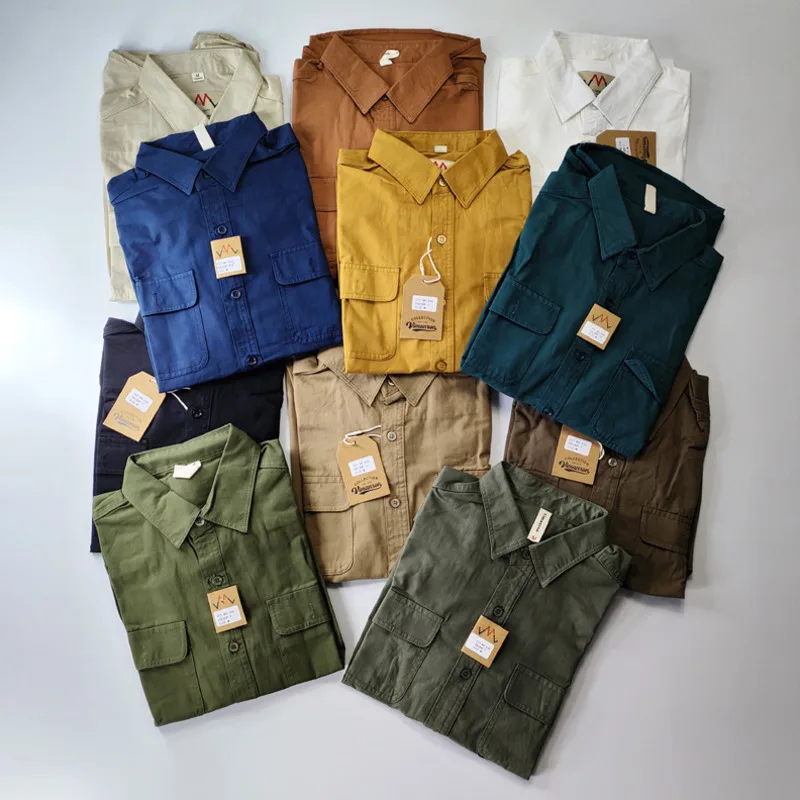 Ameikeji British Style Retro Men Long Sleeve Cargo Shirt Spring Autumn Twill Cotton Versatile Solid Color Male Workwear Shirts