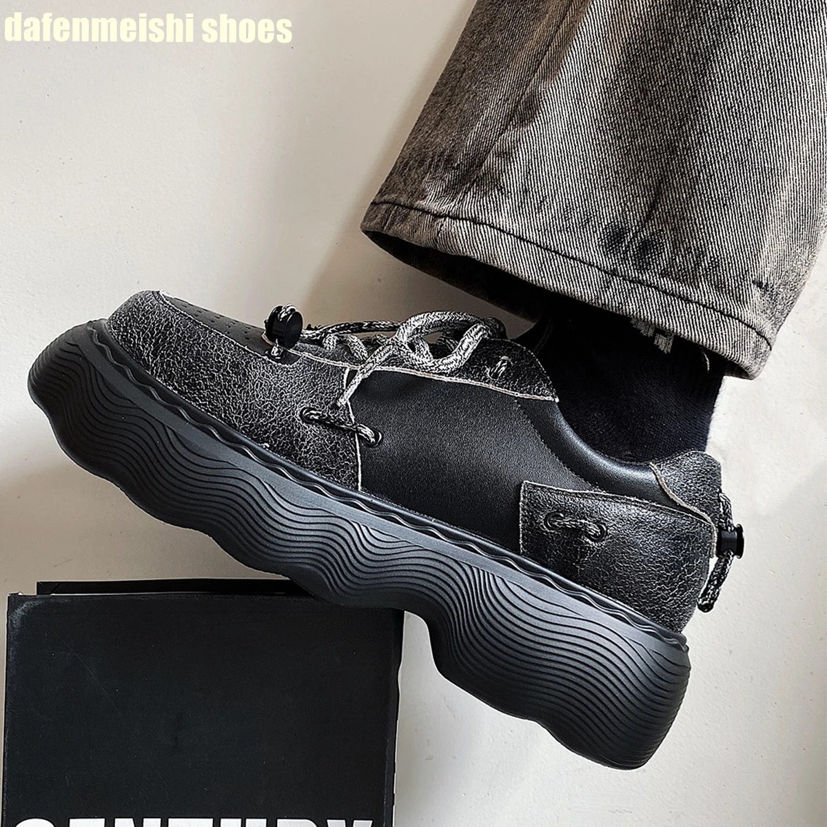 2026 Winter New Man/women Casual Shoes Platform Lace Up Fashion Real Leather Clunck Sneaker Round Toe Mixed Color Punk Dad Shoes