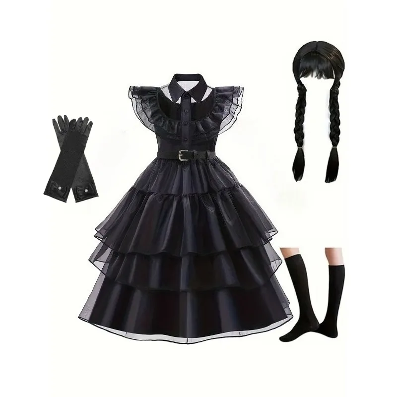 

Girls' Gothic Cosplay Costume Sleeveless Ruffle Princess Dress Belt Socks Gloves Wig Set for Halloween Party Performance Outfits