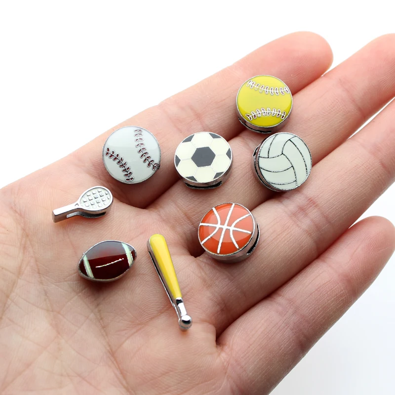 50PCS/lot Hole 8MM Football Baseball Basketball Soccer Slide Charm Sport DIY Charms Fit For 8mm Keychains Bracelet Jewelrys