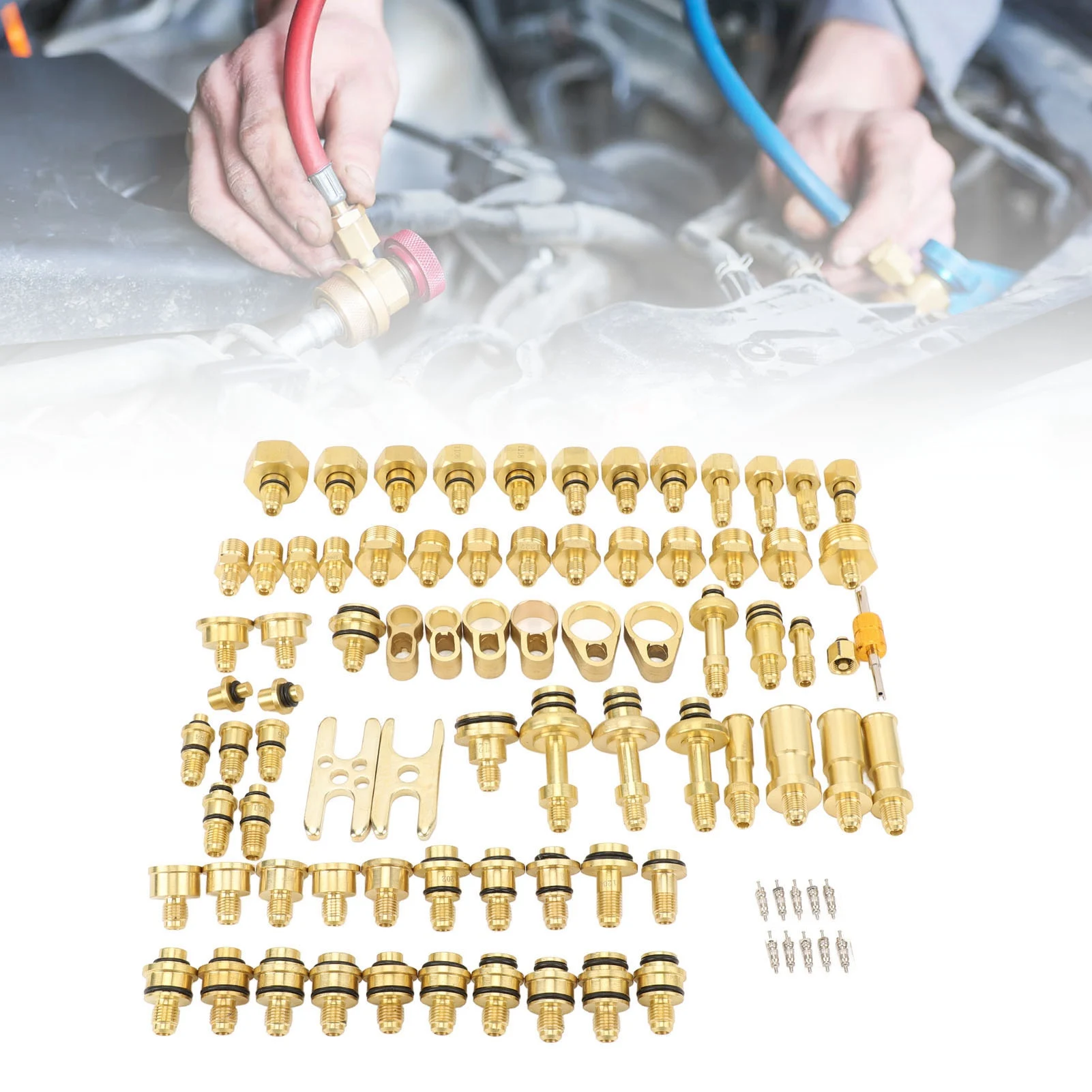 77pcs Automotive Air Conditioning Leak Test Kit Brass Ac Leak Detection Tools Connector Repair Kit for Car Auto AC