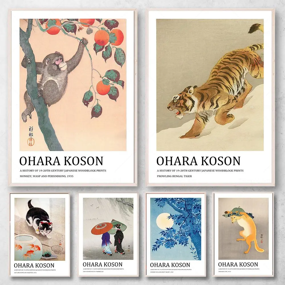 Ohara Koson Vintage Poster Japanese Flower Monkey Cat Tiger Fox Frog Print Wall Art Canvas Painting Living Room Home Decor Gift