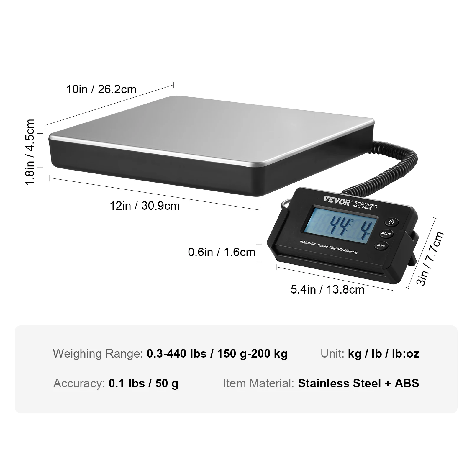 SucceBuy 440lbs digitale verzendweegschaal met timer tarrafunctie HD LCD-scherm Draagbare pakketpostweegschaal voor thuispostkantoor