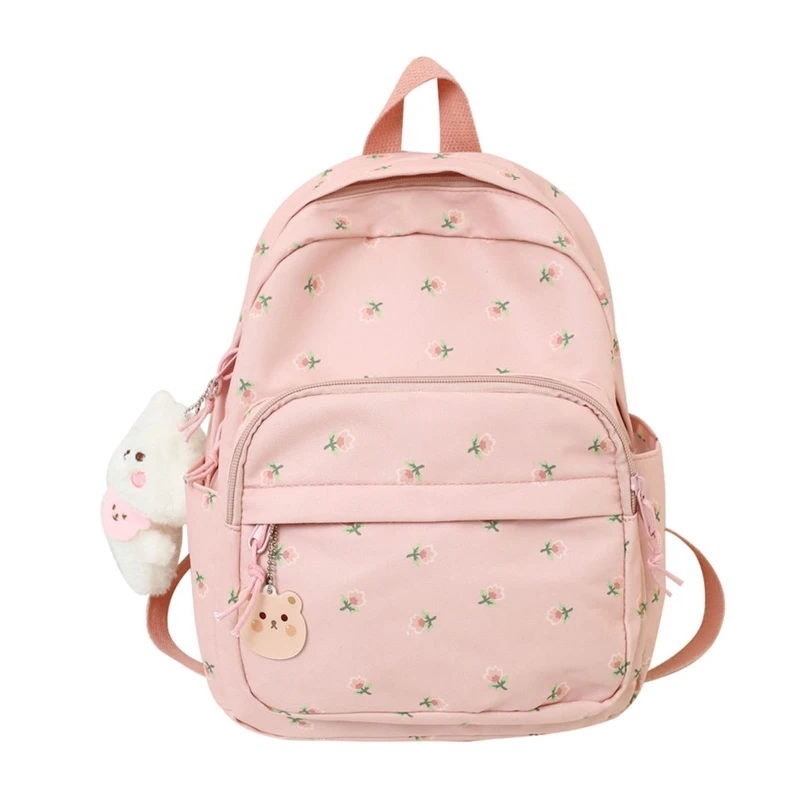 Small Nylon Women Backpacks Casual Lightweight Daypack Anti-Theft Bookbag with Cute Plush Bear Charm for Girls