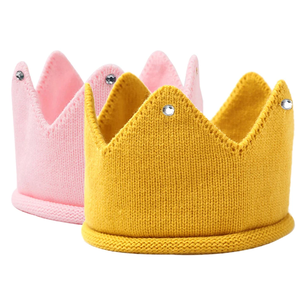 

2Pcs Knitted Crown Hat Baby Birthday Cap Toddler Knit Lightweight Soft Acrylic Baby Shower Crown Hat for Newborns and Photos