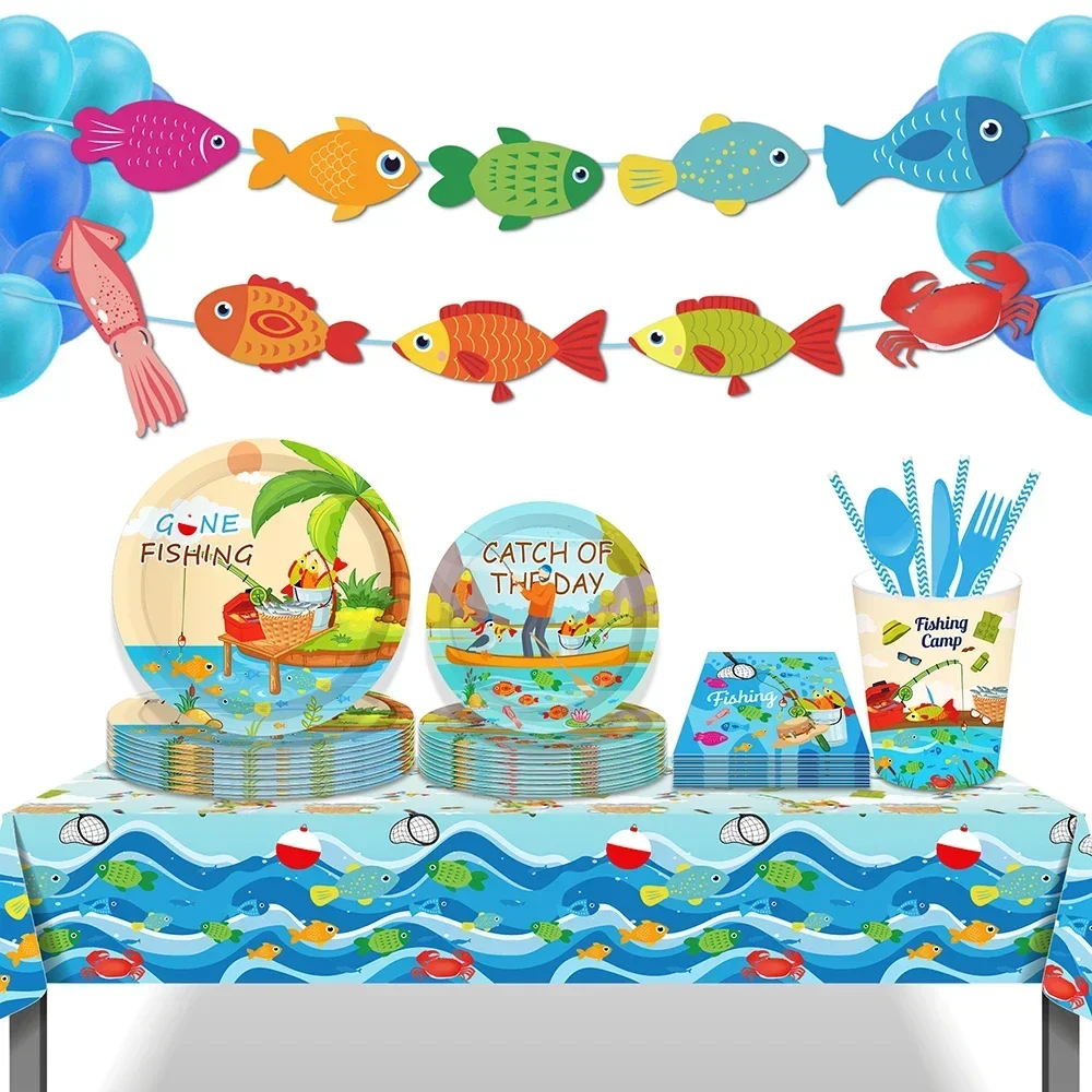 Juego de vajilla desechable de papel, manteles azules para fiesta de cumpleaños, campamento de pesca al aire libre, platos, servilletas, decoraciones para fiesta de Baby Shower