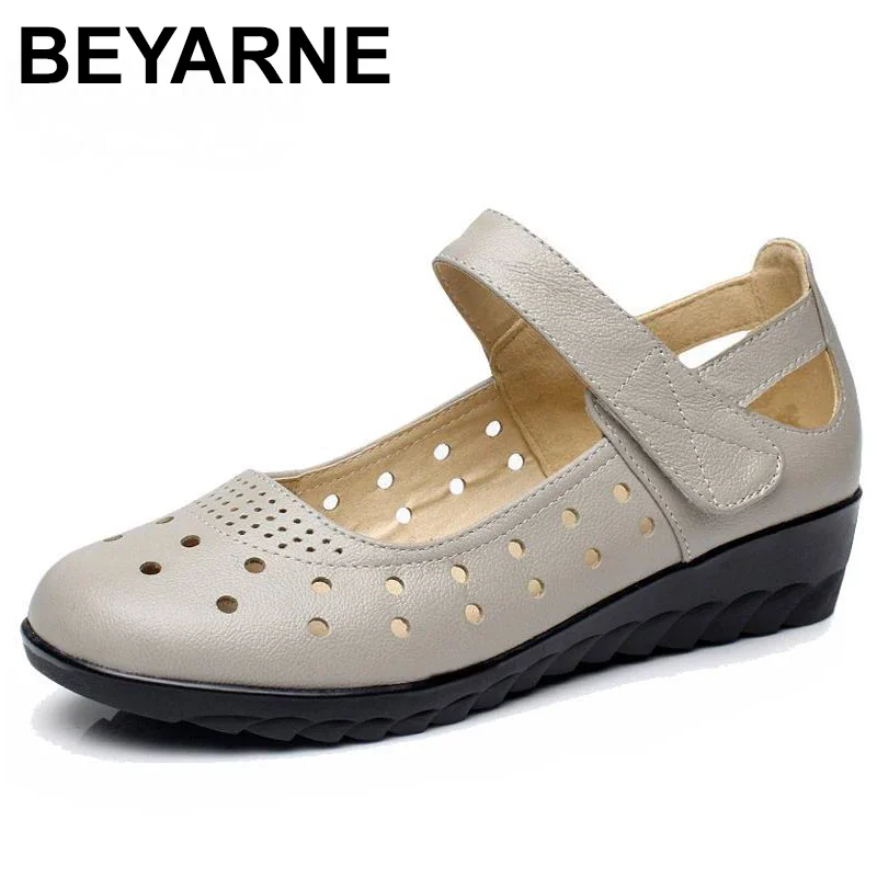 BEYARNE Summer Fashion Shoes Genuine Leather Ladies Sandals Women Cow Leather Hollow Wedges Woman Sandals Plus Size35-43E342