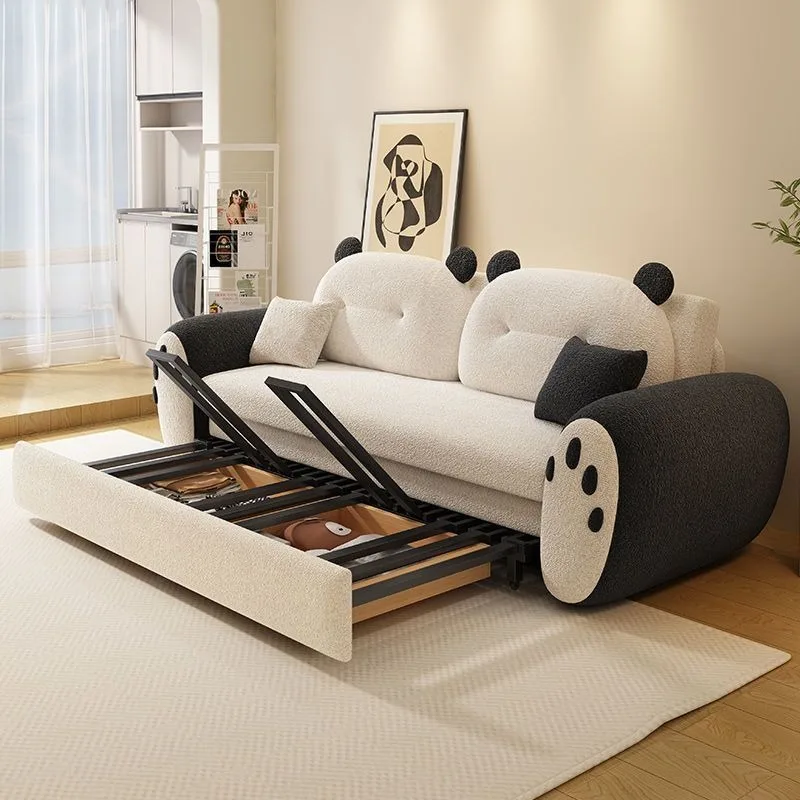 Cute creamy small apartment living room, multi-functional lamb flannel double straight row new sofa