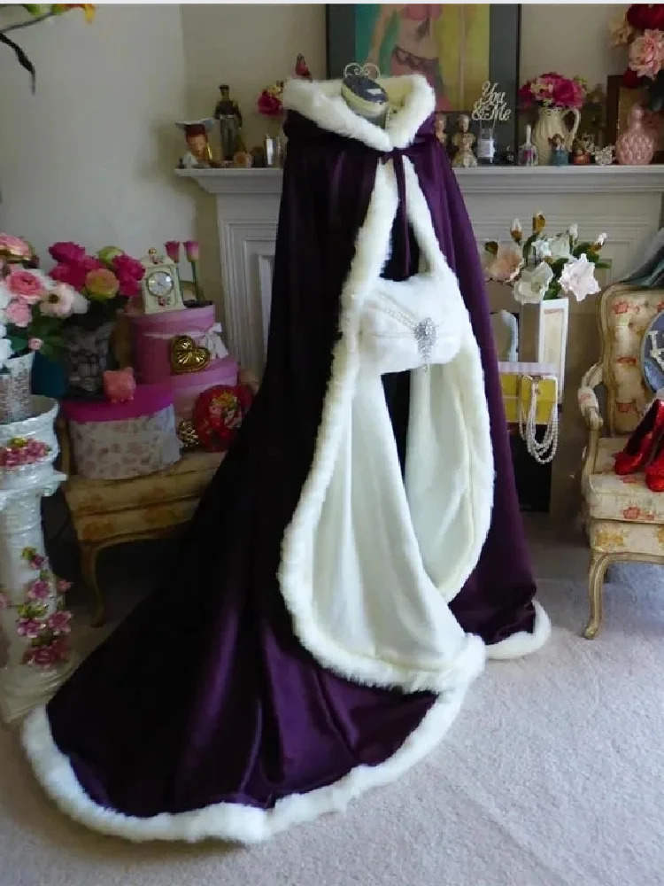 Purple winter cape, faux fur edge, wedding party hooded jacket/shawl, bridal wedding accessories image 3