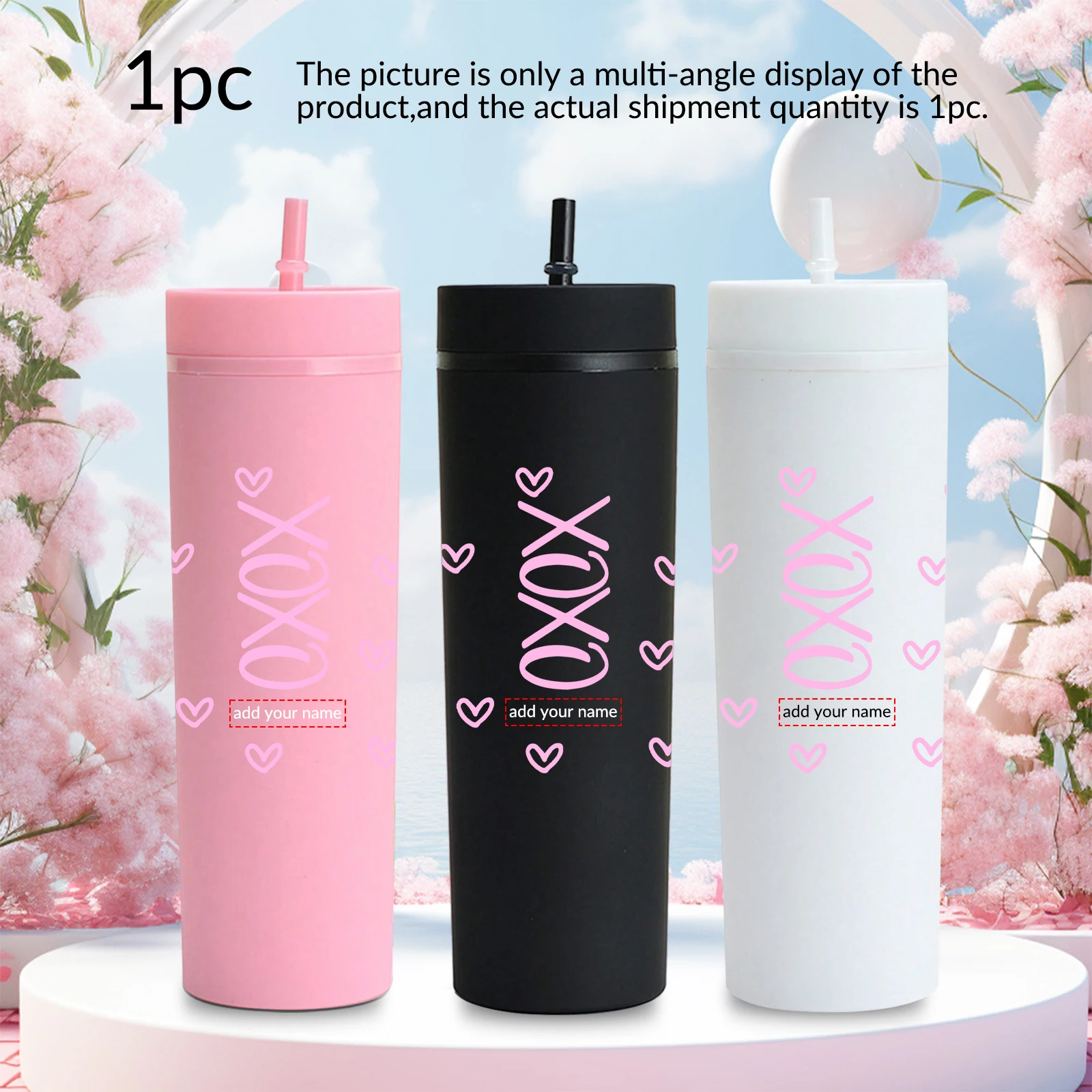 1Pc Customized Name Text Skinny Straight Water Bottle 20oz Stainless Steel Print Xoxo Party Coffee Tumbler Straw Lid Festive Cup