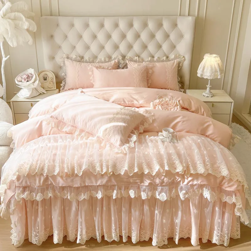 100% Cotton Pink Princess Lace Embroidery Korean Style Bedding Set King Queen Size Duvet Cover Bed Skirt Bedspread Pillowcases