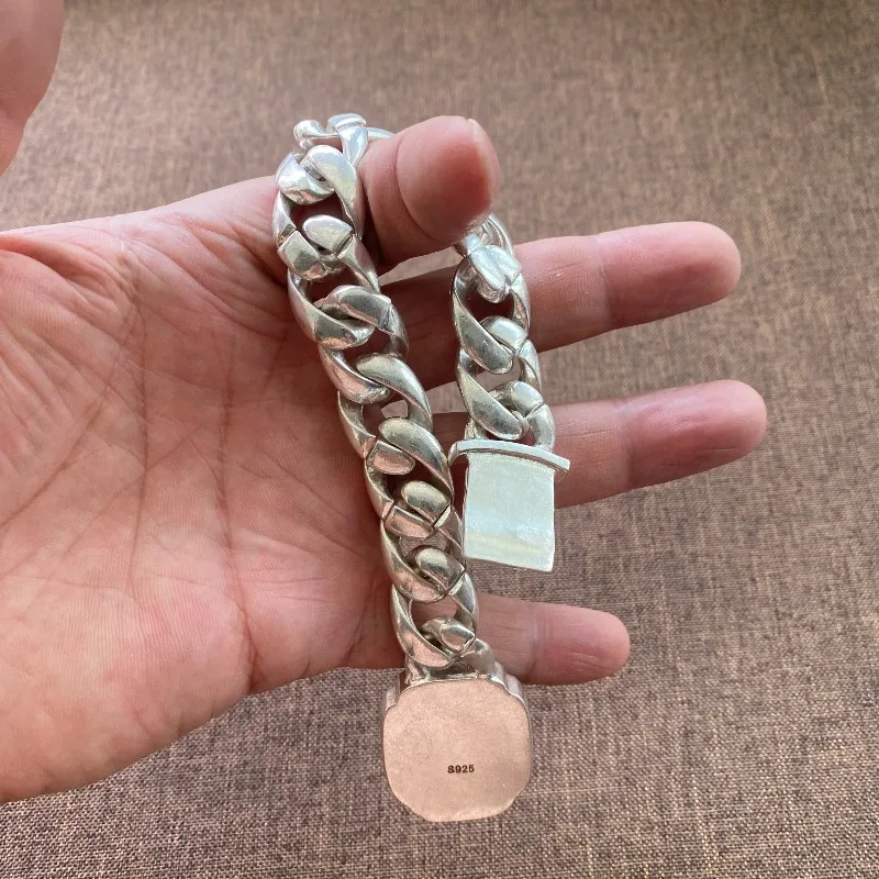 Retro Silver Tone Two-Tone Auspicious Beast Cuban Link Bracelet White Copper Unisex Streetwear Bangle Jewelry