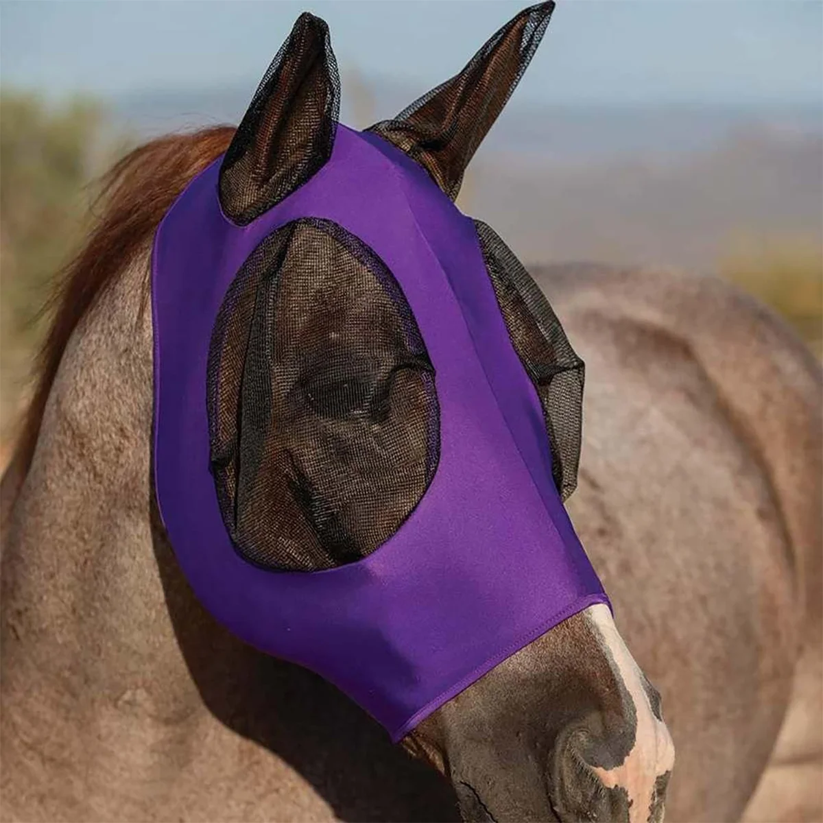 ‌ Máscara de mosca de caballo con protección UV, malla transpirable ajustable para montar, equipo ecuestre, ligero al aire libre