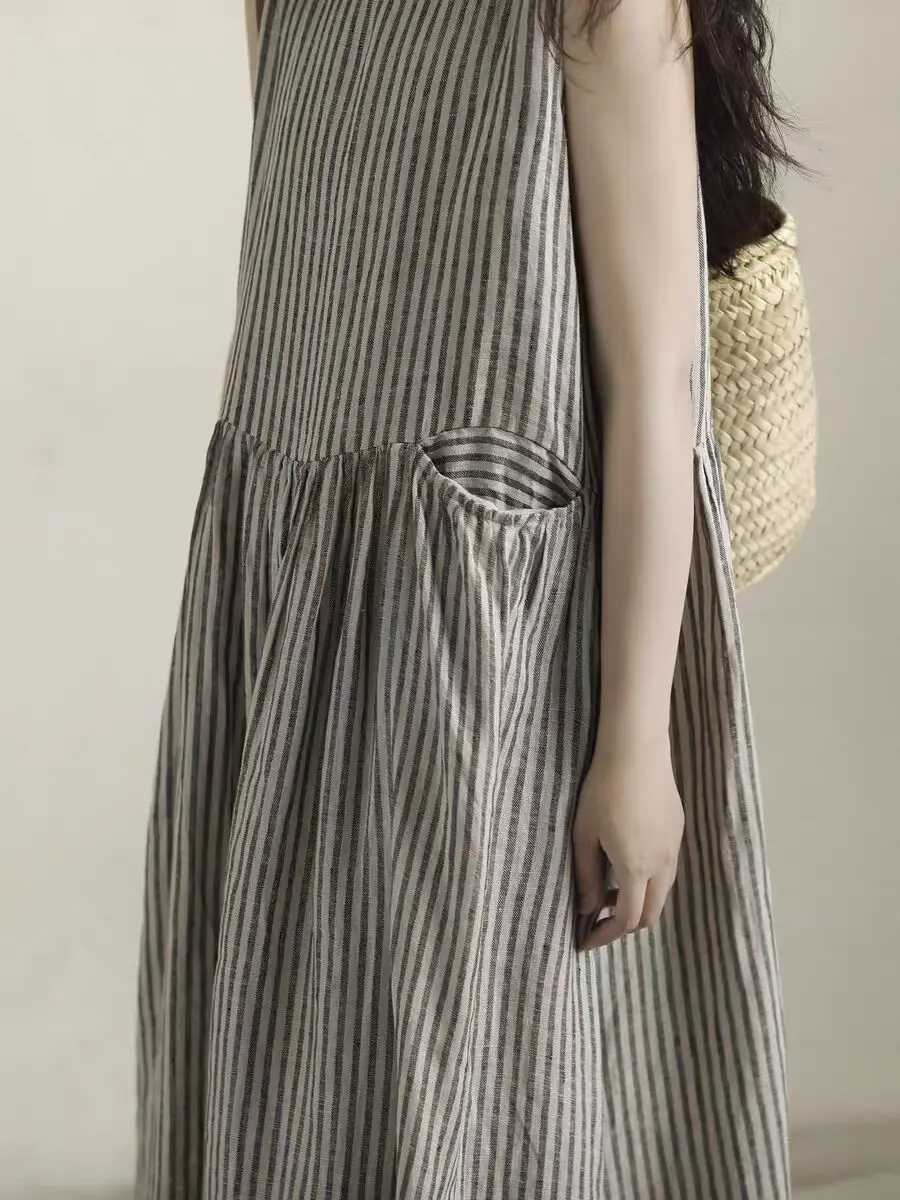 Summer Cotton Linen Striped Loose Vest Dress Women Sleeveless Breathable Elegant Robe Casual Holiday Clothing X1351