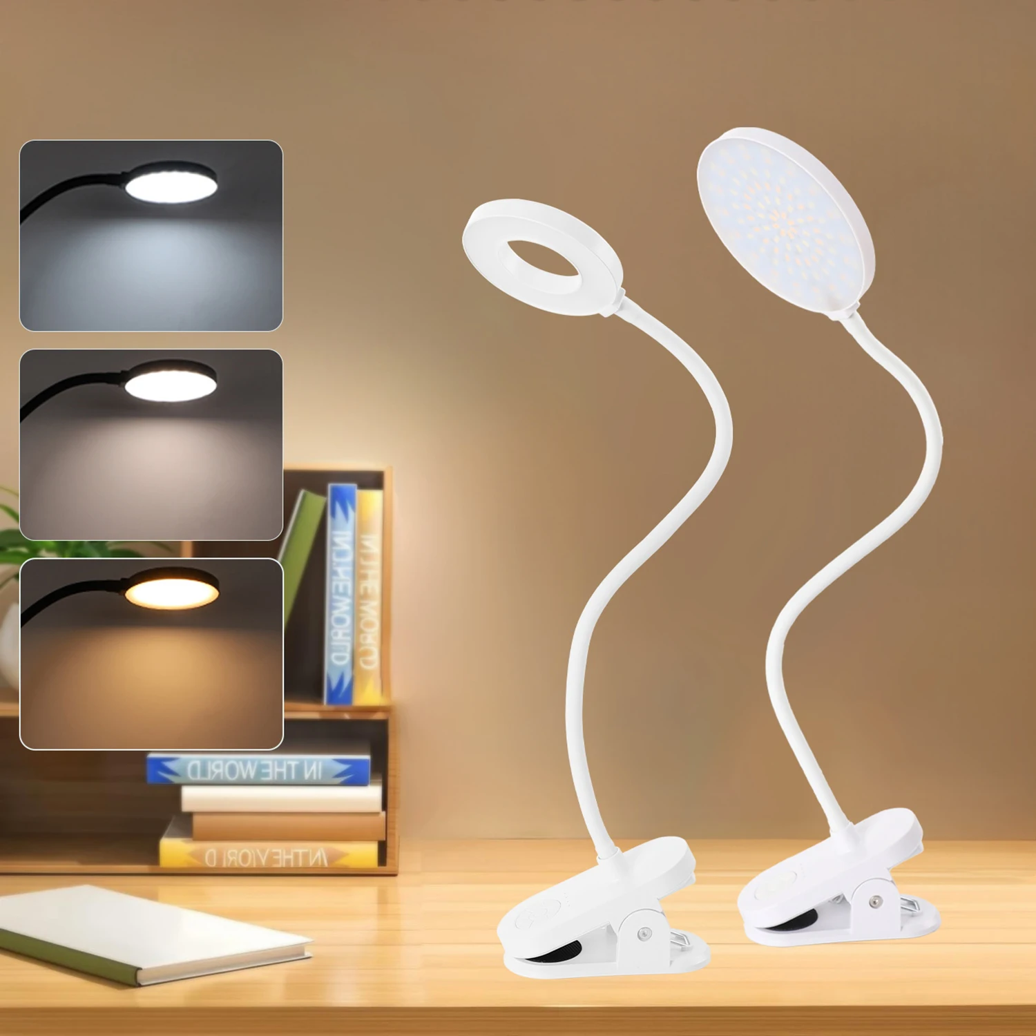 

USB charging clip desk lamp bedside reading lamp with 3 color modes and adjustable brightness - White