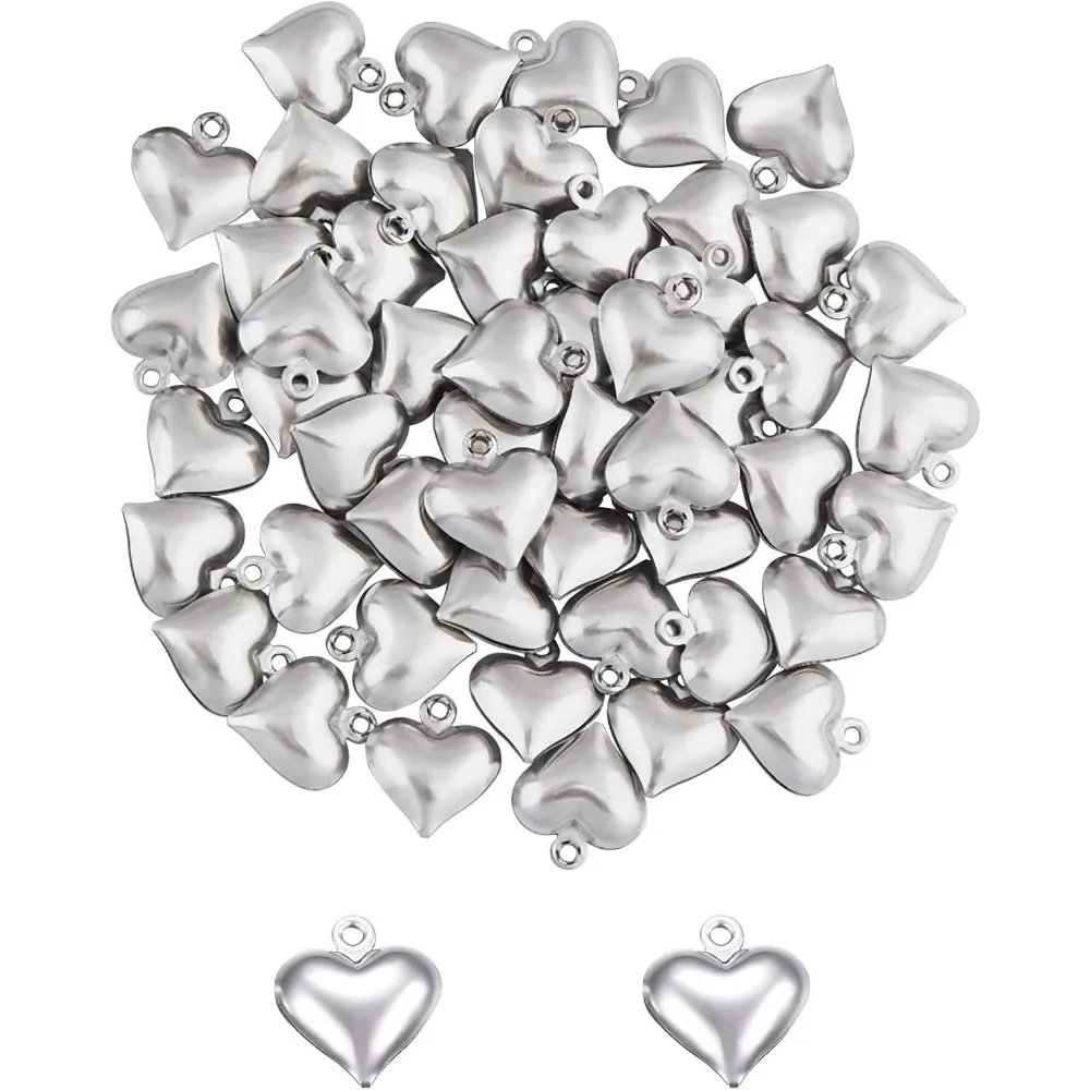 100pcs Puffy Heart Charm Tiny Love Pendant Stainless Steel Charm Hypoallergenic Metal Charm 1.2mm Small Hole for making kit