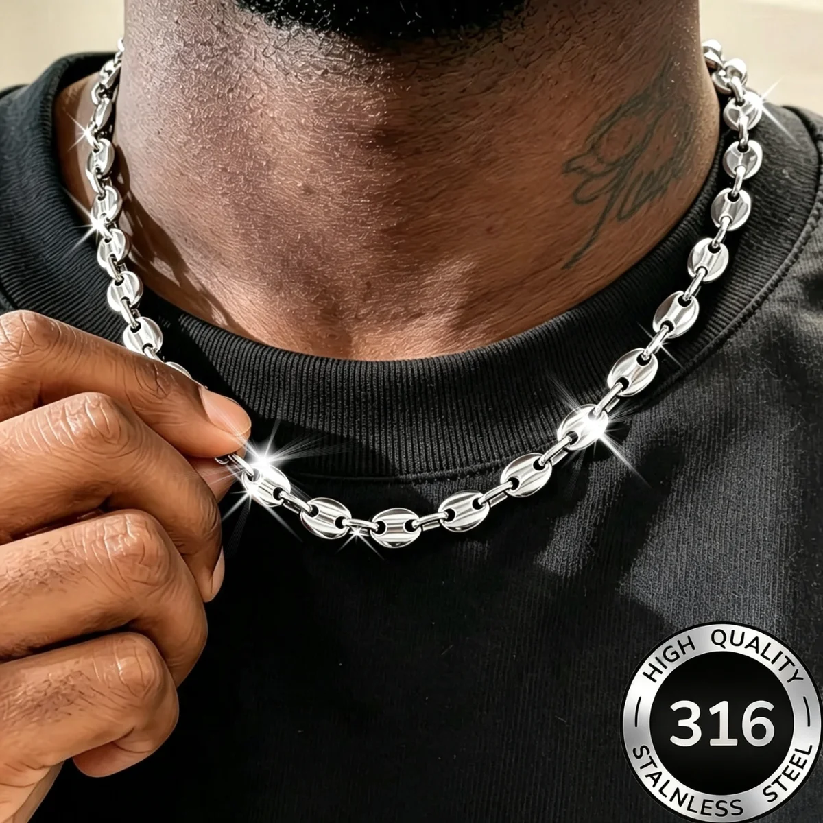 5mm Schweinsnase Edelstahl Kaffeebohnen Gliederkette Halskette Modische Silberfarbene Rock-Hip-Hop-Halsketten für Männer und Frauen Schmuck