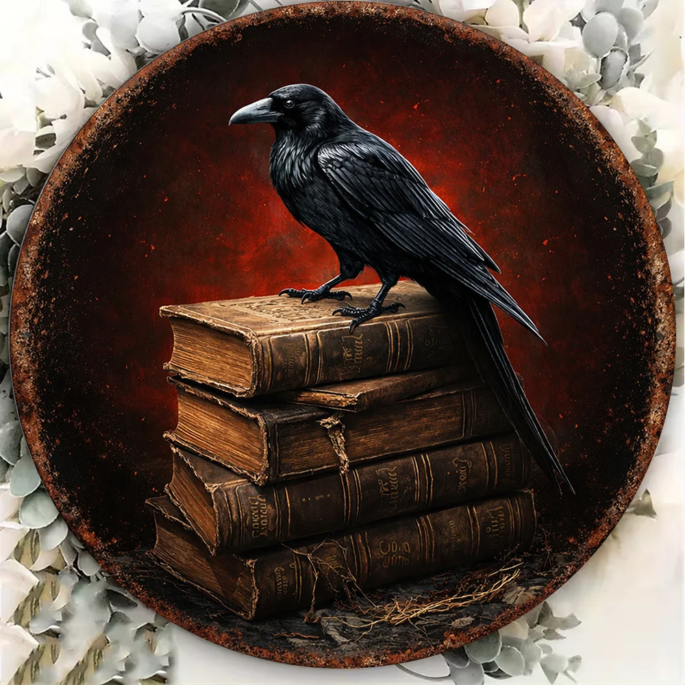 2D Flat - 1pc 8X8/20X20Cm 2D Flat Circular Aluminum Sign, Vintage Aluminum Plaque with Ravens And Books, Mysterious Gothic Style