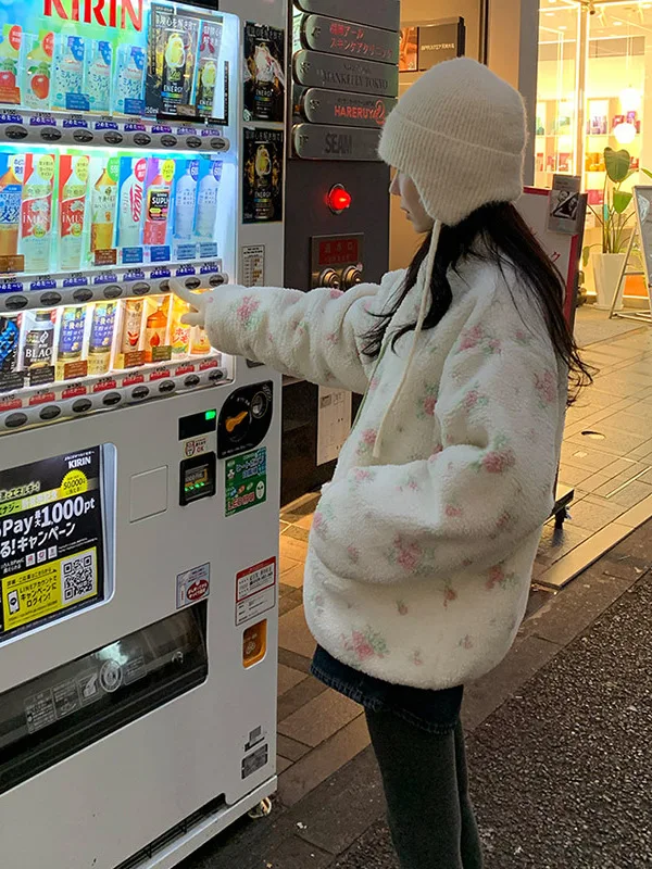 سترة قطنية كورية حلوة بنقشة زهور قابلة للارتداء على الوجهين للنساء، معطف قطني دافئ فضفاض بأسلوب كسول للخريف والشتاء