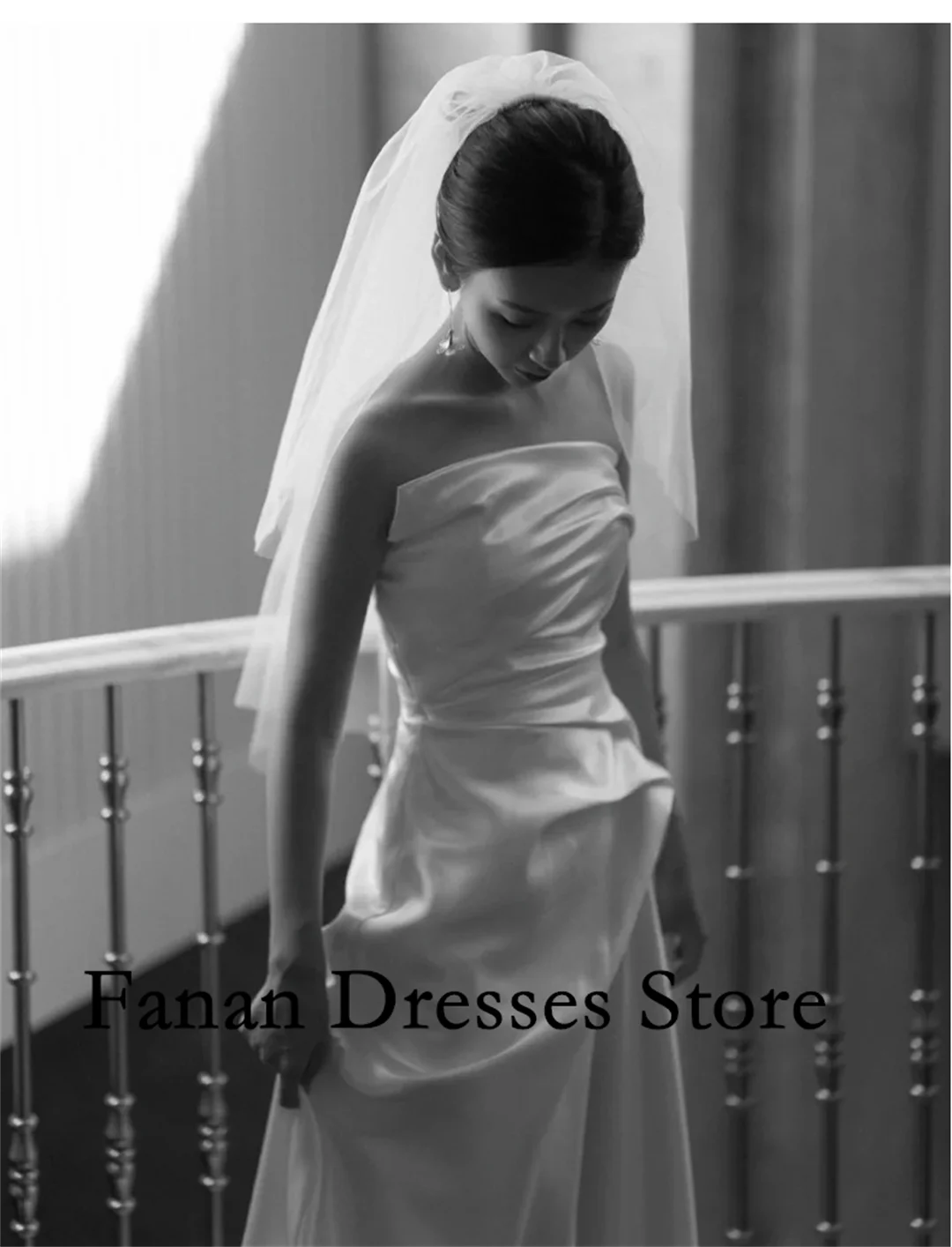 FANAN Corea Guaina Lunghezza pavimento Senza spalline Raso di seta Senza maniche Corsetto increspato Abiti da sposa nnegolare Avorio Personalizzato Bello