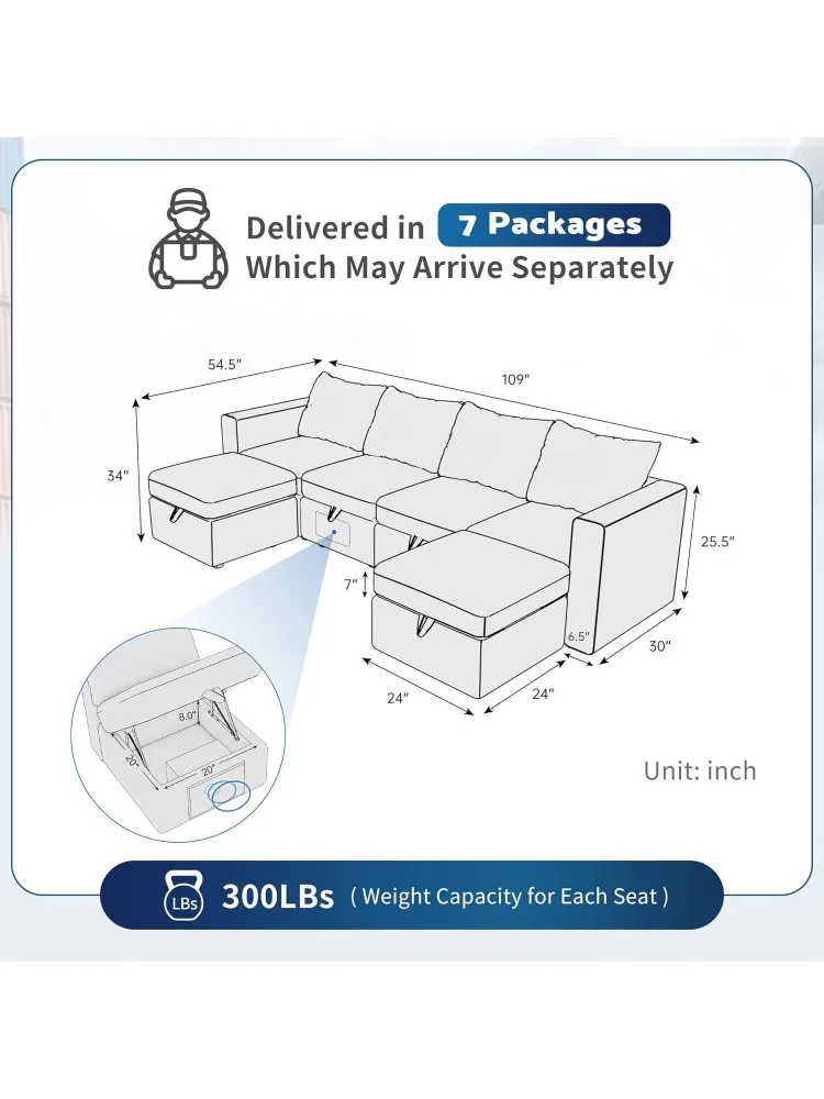 Modular Couch with Storage, Comfy Sectional Couches for Living Room, Modular Sectional Sofa with Built-in Speakers