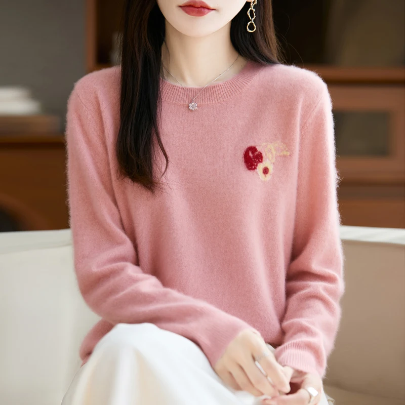 

Women O-neck Wool Pullover Spring Autumn Winter Cherry Pattern Long Sleeve Wool Sweater 100% Merino Wool Knitwear Female Tops