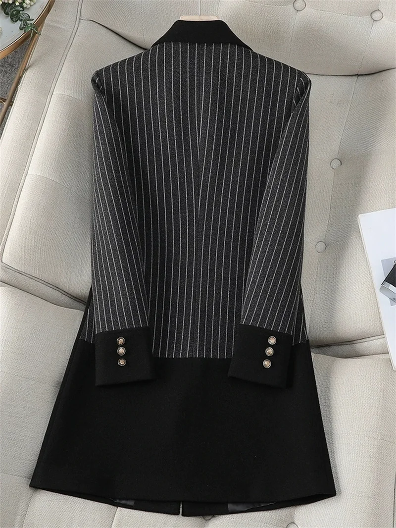 เสื้อเบลเซอร์ผ้าขนสัตว์ลายทางสำหรับผู้หญิง แขนยาว สไตล์ลำลอง เหมาะสำหรับใส่ทำงาน หรือเป็นเสื้อคลุมกันลม